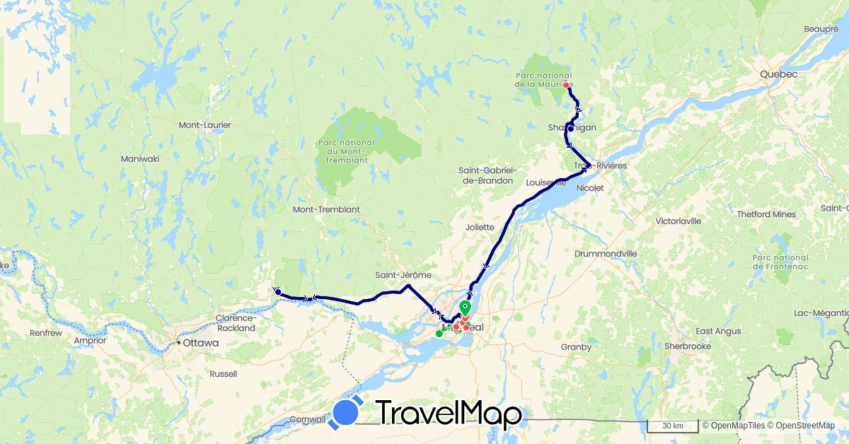 TravelMap itinerary: driving, bus, hiking in Canada (North America)