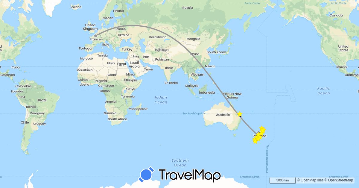 TravelMap itinerary: driving, bus, plane, train, hiking, boat in Australia, China, France, New Zealand (Asia, Europe, Oceania)